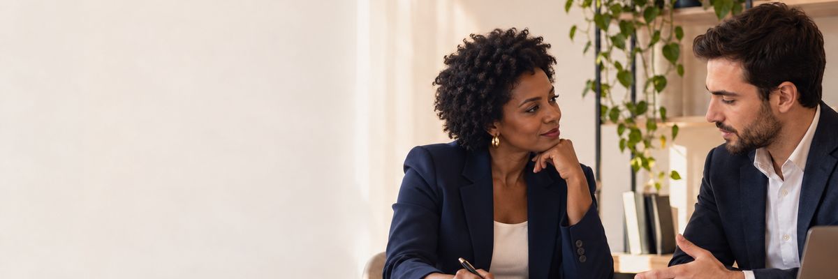 Reunião de trabalho entre advogada e empresário